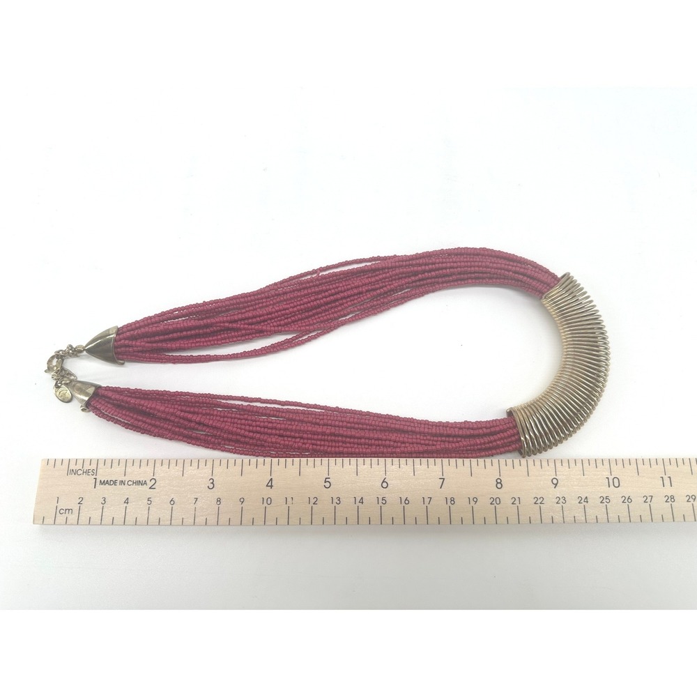Coldwater Creek Magenta‎ Multi Strand Seed Bead Necklace Gold Ribbed Statement - Picture 5 of 7